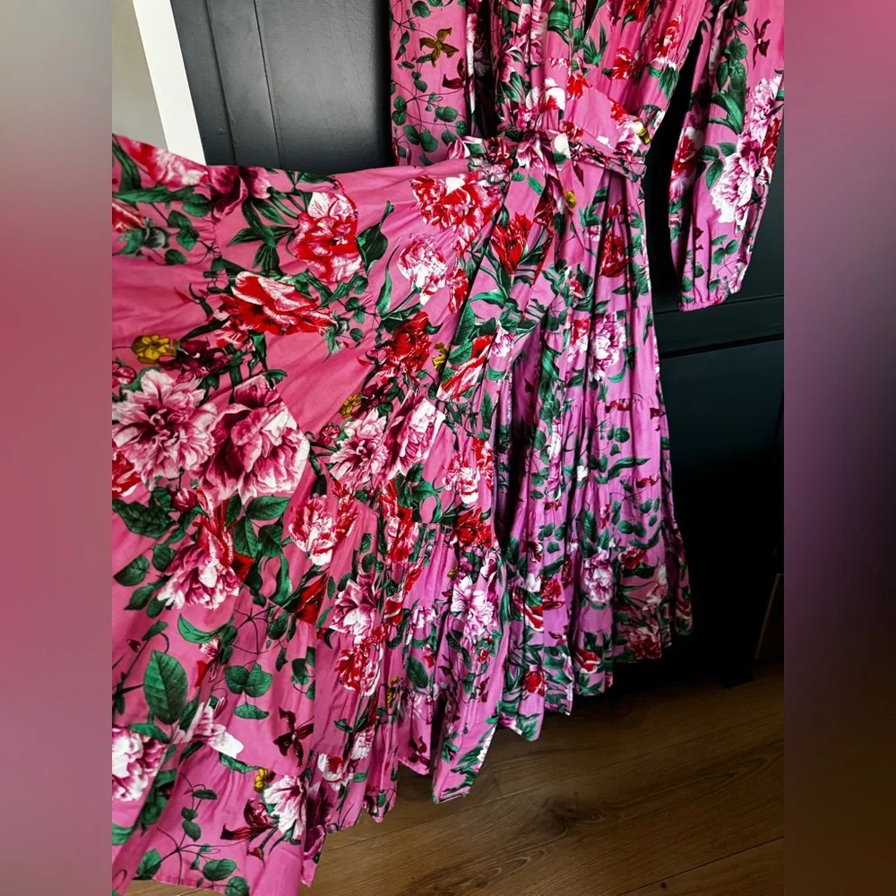 Gibson Latimer NWT Pink Floral Wrap Midi Dress Tiered Romantic Size Large 🌸 - Picture 6 of 8